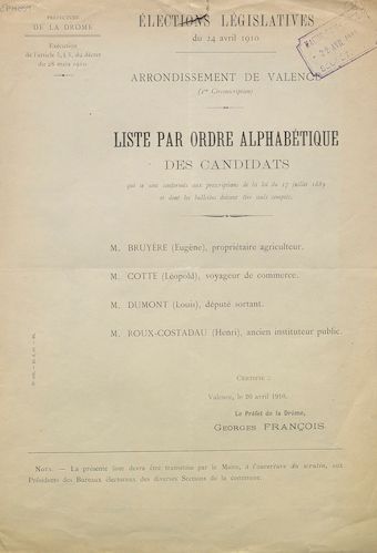 Préfecture de la Drôme. Arrondissement de Valence. Élections législatives du 24 avril 1910 : liste par ordre alphabétique des candidats