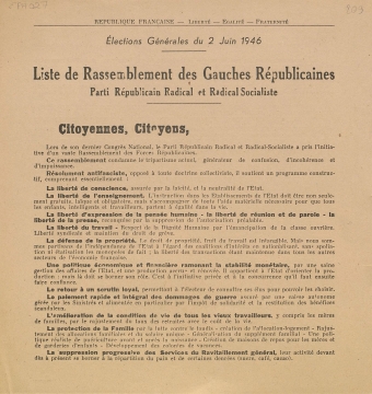 Élections Générales du 2 juin 1946. Rassemblement des Gauches Républicaines, Parti Radical et Radical-Socialiste : [Citoyennes, Citoyens]