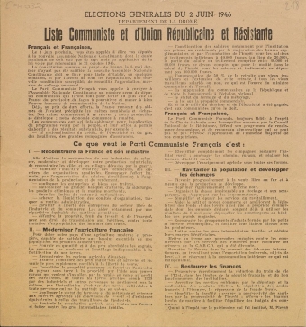 Département de la Drôme. Élections générales du 2 juin 1946 : liste Communiste et d'Union Républicaine et Résistante [programme]