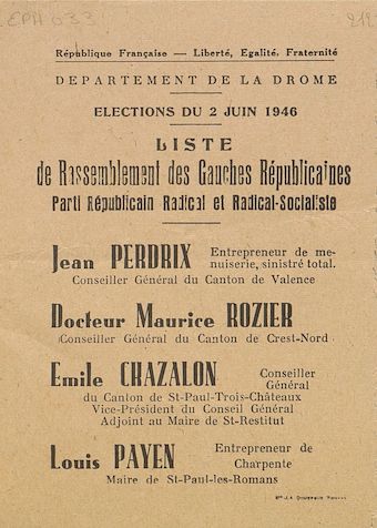 Département de la Drôme. Élections du 2 juin 1946 : liste du Rassemblement des Gauches Républicaines [bulletin de vote]