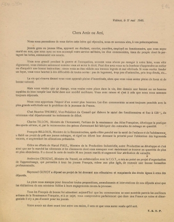 Chers amie ou ami : liste Communiste et d'Union Républicaine et Résistante, Valence, le 11 mai 1946