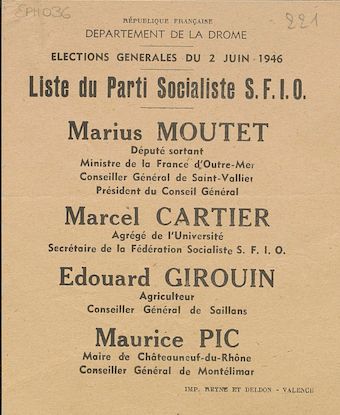 Département de la Drôme. Élections générales du 2 juin 1946 : liste du Parti Socialiste S.F.I.O. [bulletin de vote]