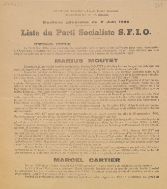 Département de la Drôme. Élections générales du 2 juin 1946 : liste du Parti Socialiste S.F.I.O.