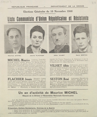 Département de la Drôme. Élections générales du 10 novembre 1946 : liste Communiste d'Union Républicaine et Résistante