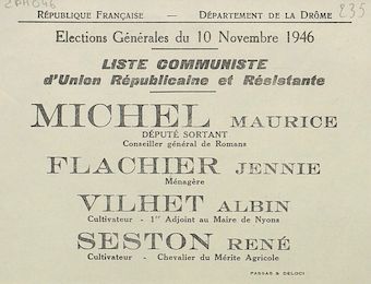 Département de la Drôme. Élections générales du 10 novembre 1946 : liste Communiste d'Union Républicaine et Résistante [bulletin de vote]