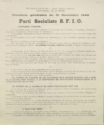 Département de la Drôme. Élections générales du 10 novembre 1946 : liste du Parti Socialiste S.F.I.O. [programme]