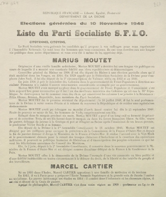 Département de la Drôme. Élections générales du 10 novembre 1946 : liste du Parti Socialiste S.F.I.O. [profession de foi de  Marius Moutet, Édouard Girouin, Marcel Cartier et Maurice Pic]