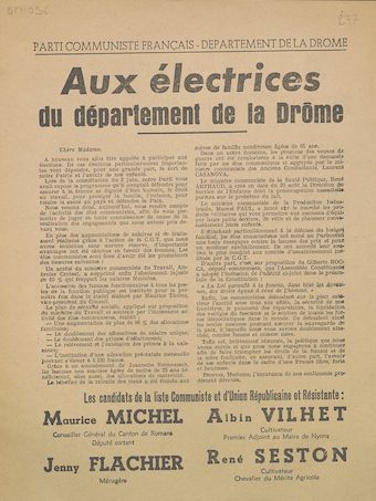 Département de la Drôme. Parti Communiste Français : Aux électrices du département de la Drôme