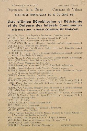 Département de la Drôme. Commune de Valence. Élections municipales du 19 octobre 1947 : liste d'Union Républicaine et Résistante et de Défense des Intérêts Communaux présentée par le Parti Communiste Français