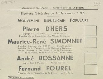 Département de la Drôme. Élections du 10 novembre 1946 : Mouvement Républicain Populaire [bulletin de vote]