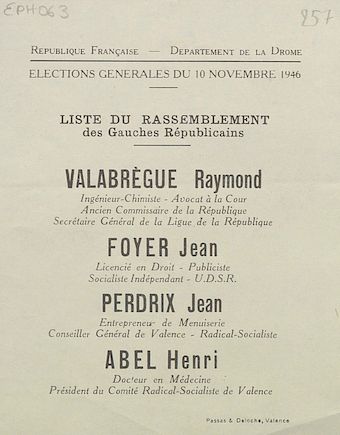 Département de la Drôme. Élections du 10 novembre 1946 : liste du Rassemblement des Gauches Républicaines [bulletin de vote]