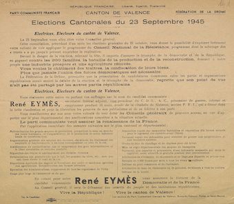 Canton de Valence. Election cantonales du 23 septembre 1945 : René Eymès / Parti Communiste Français