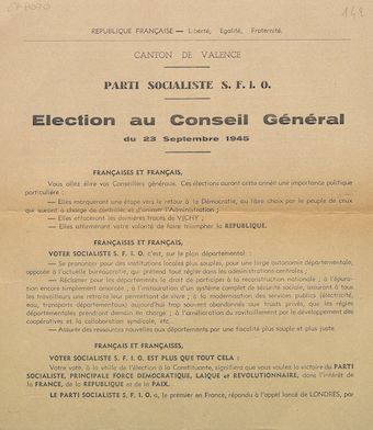 Canton de Valence. Election au Conseil Général du 23 septembre 1945 : Parti Socialiste S.F.I.O.