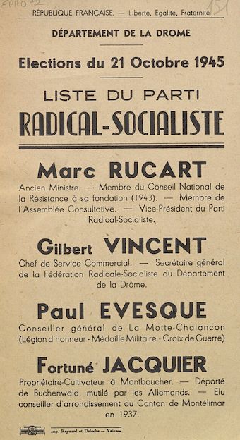 Département de la Drôme. Élections du 21 octobre 1945 : liste du Parti Radical-Socialiste [bulletin de vote]