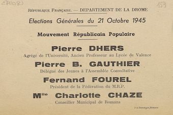 Département de la Drôme. Élections générales du 21 octobre 1945 : Mouvement Républicain Populaire [bulletin de vote]