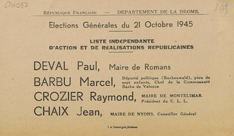 Département de la Drôme. Élections générales du 21 octobre 1945 : liste indépendante d'Action et de Réalisations Républicaines [bulletin de vote]