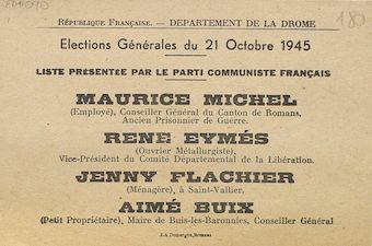 Département de la Drôme. Élections générales du 21 octobre 1945 : liste présentée par le Parti Communiste Français [bulletin de vote]