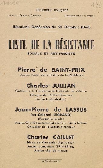 Département de la Drôme. Élections générales du 21 octobre 1945 : liste de la Résistance Sociale et Antifasciste [bulletin de vote]