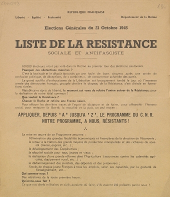 Département de la Drôme. Élections générales du 21 octobre 1945 : liste de la Résistance Sociale et Antifasciste [programme]