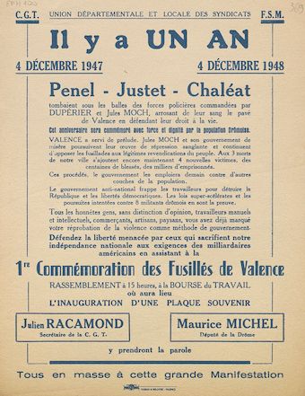 Union départementale et locale des syndicats. C.G.T. F.S.M. : Il y a un an. 1re commémoration des fusillés de Valence