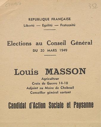 Élections au Conseil Général du 20 mars 1949 : Louis Masson / Action Sociale et Paysanne [bulletin de vote]