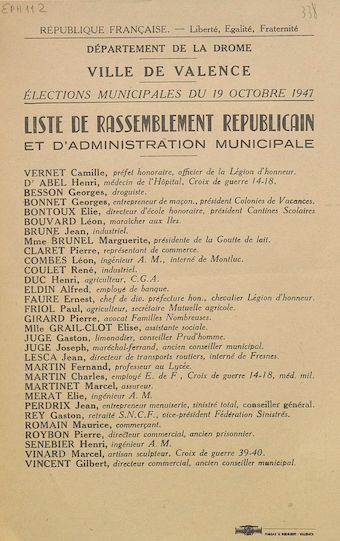 Département de la Drôme. Ville de Valence. Elections municipales du 19 octobre 1947 : liste du Rassemblement Républicain et d'Administration Municipale