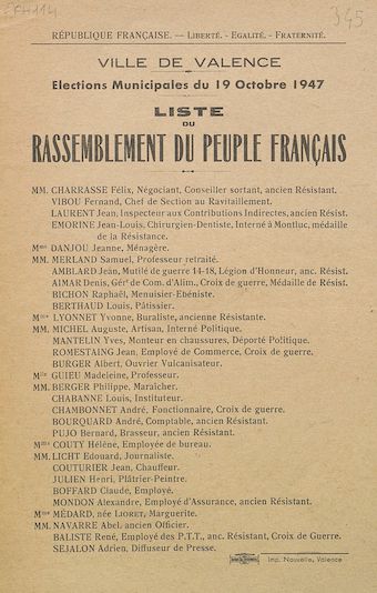 Ville de Valence. Elections municipales du 19 octobre 1947 : liste du Rassemblement du Peuple Français