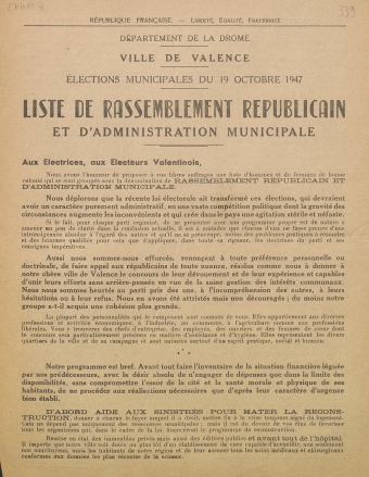 Département de la Drôme. Ville de Valence. Elections municipales du 19 octobre 1947 : liste du Rassemblement Républicain et d'Administration Municipale