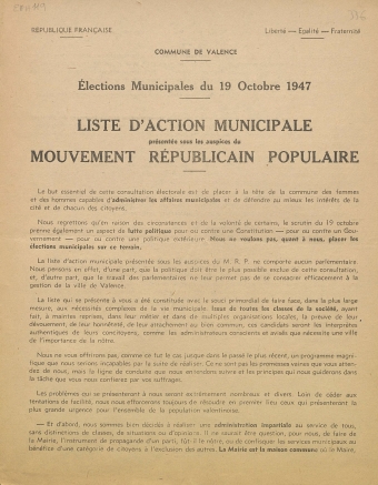 Commune de Valence. Elections municipales du 19 octobre 1947 : liste d'Action Municipale présentée sous les auspices du Mouvement Républicain Populaire [programme]