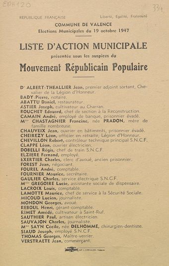 Commune de Valence. Elections municipales du 19 octobre 1947 : liste d'Action Municipale présentée sous les auspices du Mouvement Républicain Populaire