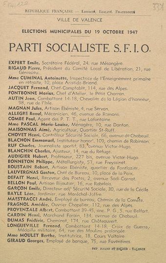 Ville de Valence. Élections municipales du 19 octobre 1947 : liste du Parti Socialiste S.F.I.O.