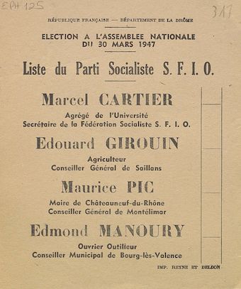 Département de la Drôme. Élection à l'Assemblée Nationale du 30 mars 1947 : liste du Parti Socialiste S.F.I.O. [bulletin de vote]