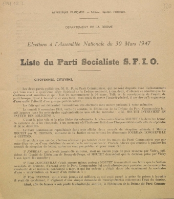 Département de la Drôme. Élection à l'Assemblée Nationale du 30 mars 1947 : liste du Parti Socialiste S.F.I.O. 