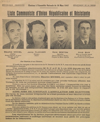 Département de la Drôme. Élections à l'Assemblée Nationale du 30 mars 1947 : liste Communiste d'Union Républicaine et Résistante