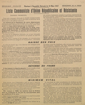 Département de la Drôme. Élections à l'Assemblée Nationale du 30 mars 1947 : liste Communiste d'Union Républicaine et Résistante [programme]