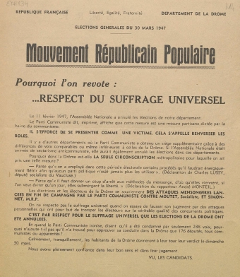 Département de la Drôme. Élections législatives du 30 mars 1947 : Mouvement Républicain Populaire : Pourquoi l'on revote