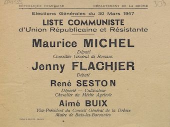 Département de la Drôme. Élections Générales du 30 mars 1947 : liste Communiste d'Union Républicaine et Résistante [bulletin de vote]