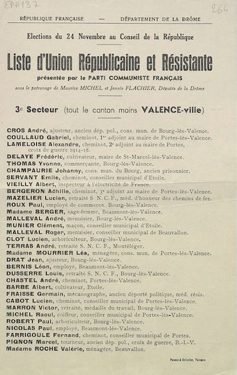 Département de la Drôme. Élection du 24 novembre au Conseil de la République : liste d'Union Républicaine et Résistante