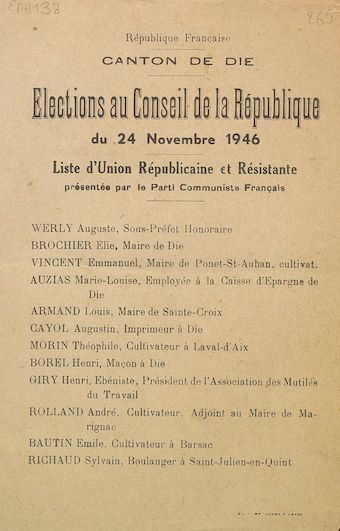 Canton de Die. Election au Conseil de la République du 24 novembre 1946 : liste d'Union Républicaine et Résistante présentée par le Parti Communiste Français