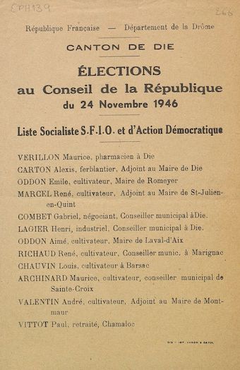 Canton de Die. Election au Conseil de la République du 24 novembre 1946 : liste Socialiste S.F.I.O. et d'Action Démocratique