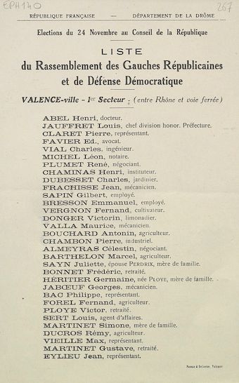 Département de la Drôme. Élection du 24 novembre au Conseil de la République : liste du Rassemblement des Gauches Républicaines et de Défense Démocratique