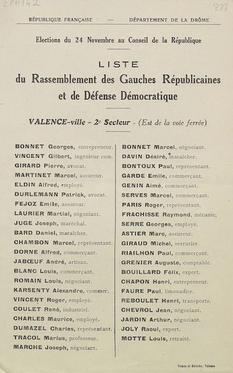 Département de la Drôme. Élection du 24 novembre au Conseil de la République : liste du Rassemblement des Gauches Républicaines et de Défense Démocratique : Valence-ville 2e secteur