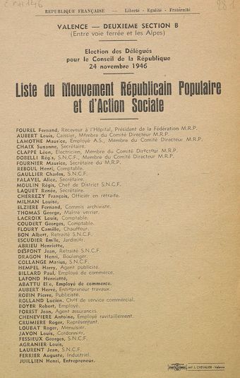 Election des délégués pour le Conseil de la République 24 novembre 1946 :  liste du Mouvement Républicain Populaire et d'Action Sociale et Paysanne : Valence - deuxième section B