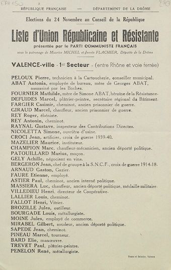 Département de la Drôme. Élection du 24 novembre au Conseil de la République : liste d'Union Républicaine et Résistante présentée par le Parti Communiste Français : Valence-ville 1er secteur