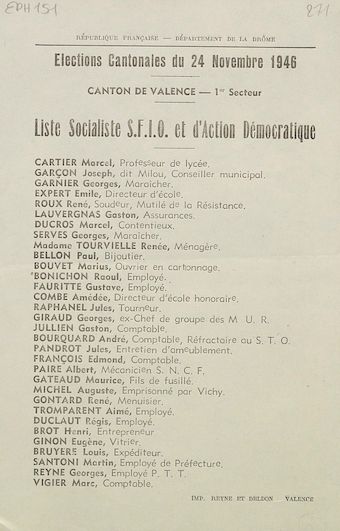 Département de la Drôme. Canton de Valence - 1er secteur. Élection cantonales du 24 novembre 1946 : liste socialiste S.F.I.O. et d'Action Démocratique 