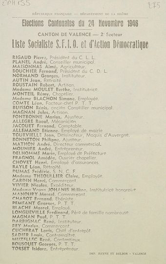 Département de la Drôme. Canton de Valence - 2e secteur. Élection cantonales du 24 novembre 1946 : liste Socialiste S.F.I.O. et d'Action Démocratique