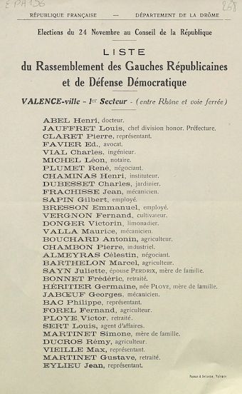 Département de la Drôme. Canton de Valence. Élection du 24 novembre au Conseil de la République : liste du Rassemblement des Gauches Républicaines et de Défense Démocratique