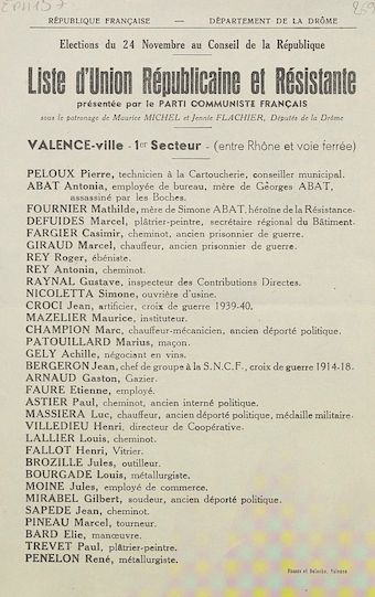 Élection du 24 novembre au Conseil de la République : liste d'Union Républicaine et Résistante présentée par le Parti Communiste Français : Valence-ville - 1er secteur