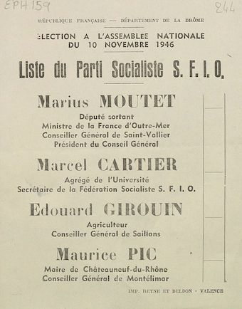 Département de la Drôme. Election à l'Assemblée nationale du10 novembre 1946 : liste du Parti Socialiste S.F.I.O.