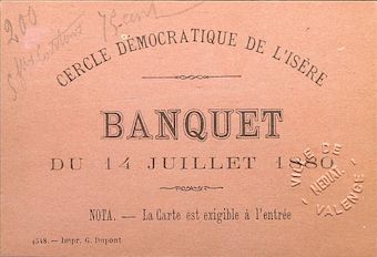 Carte d'invitation au banquet du 14 juillet 1880 : Cercle démocratique de l'Isère